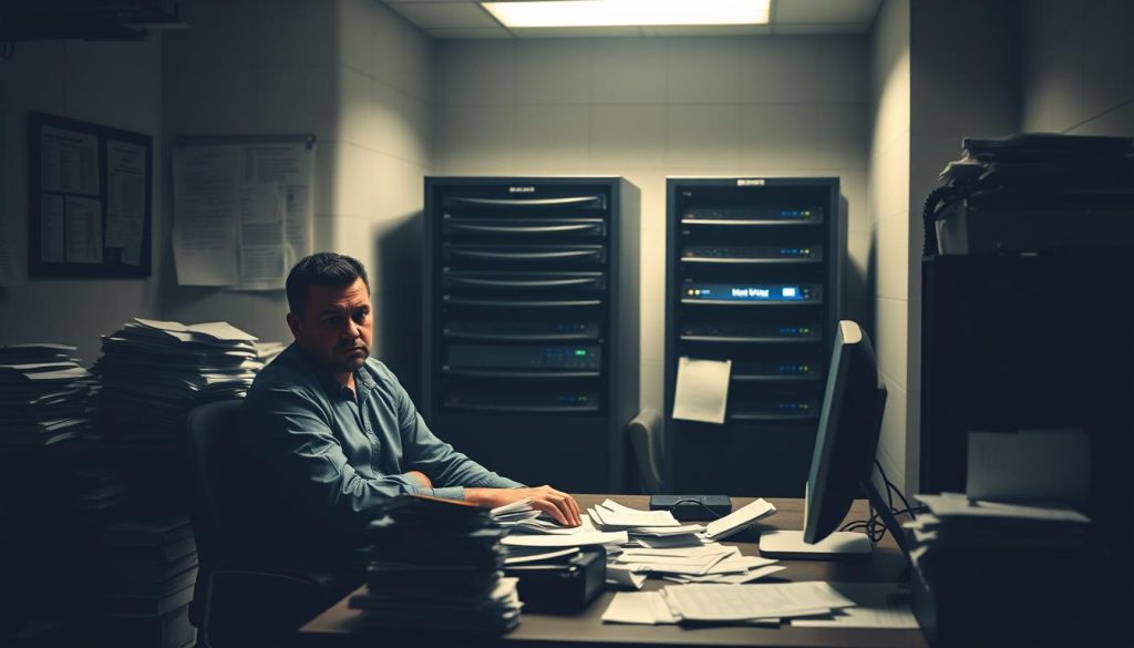 A stark and somber office setting, with a frowning worker sitting at a cluttered desk, surrounded by piles of paperwork and a malfunctioning computer. The lighting is harsh, casting deep shadows and creating a sense of frustration and disillusionment. In the background, a dimly lit server rack stands as a symbol of the technical challenges faced by the user. The overall atmosphere conveys the drawbacks of Hostinger's services, hinting at potential reliability issues, limited customer support, and the hassle of managing a web hosting platform.