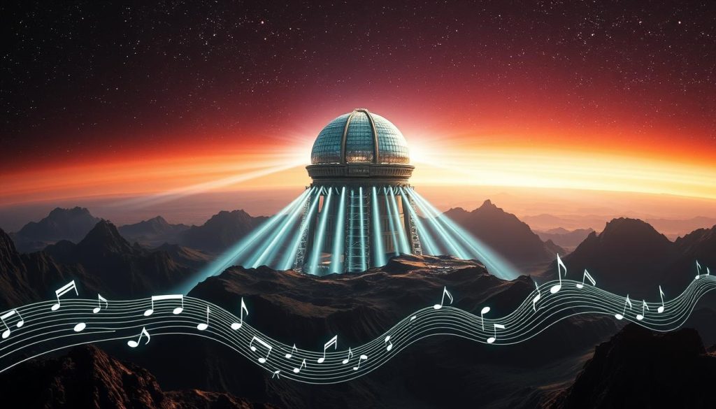 A surreal landscape unfolds, with a towering, alien structure at the center - the iconic Forbidden Planet observatory. Ethereal lighting cascades across its metallic surface, casting an otherworldly glow. In the foreground, musical notes and waveforms dance, weaving an intricate tapestry of the groundbreaking score by composer Bebe Barron. The background features a starry expanse, hinting at the vast cosmic mysteries that permeate the film's narrative. The scene is imbued with a sense of wonder, exploration, and the thrill of the unknown, perfectly capturing the essence of the Forbidden Planet soundtrack.