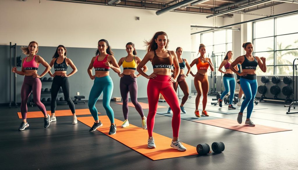 A vibrant fitness scene featuring WISKII ACTIVE apparel designed for various activities. In the foreground, a group of athletic individuals showcase the brand's high-performance, colorful activewear - from sleek leggings and sports bras to breathable, moisture-wicking tops. They are captured in dynamic poses, mid-workout, exuding energy and confidence. The middle ground showcases a range of fitness equipment, including weights, yoga mats, and resistance bands, all complementing the WISKII ACTIVE branding. The background depicts a modern, minimalist gym setting with clean lines, ample natural lighting, and a sense of inspiration and motivation. The overall atmosphere conveys the versatility and quality of WISKII ACTIVE, empowering individuals to embrace their fitness journeys.
