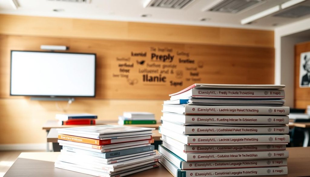 A well-lit classroom setting with an array of Preply language course materials prominently displayed. In the foreground, a stack of textbooks, workbooks, and language-learning resources in various languages. In the middle ground, a modern whiteboard or digital display showcasing course syllabus and learning objectives. The background features a warm, natural-toned wall with inspirational quotes or imagery related to language acquisition. Soft, diffused lighting creates a welcoming, educational atmosphere. The overall composition conveys the comprehensive and enriching nature of Preply's language course offerings.