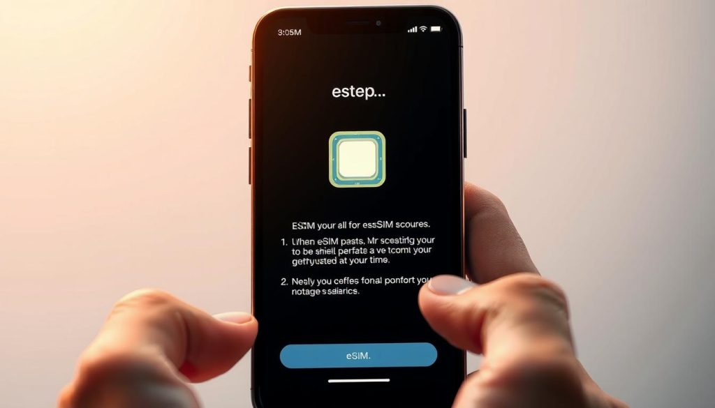 A well-lit, detailed illustration of a smartphone screen displaying the step-by-step eSIM installation process. The foreground shows a close-up view of a hand holding the device, with the screen prominently featuring interactive UI elements guiding the user through the configuration. The middle ground depicts the phone from a slightly angled perspective, allowing visibility of the device's external design. The background features a soft, blurred environment, emphasizing the focus on the installation workflow. Crisp, high-resolution rendering with a clean, modern aesthetic that aligns with the article's subject of seamless digital connectivity.
