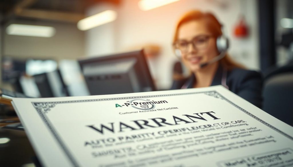 A well-lit, high-quality product photograph showcasing an auto parts warranty certificate and customer service representative. The certificate is prominently displayed in the foreground, with a blurred customer service call center in the background, conveying professionalism and reliability. The lighting is soft and natural, highlighting the details of the warranty document. The angle is slightly elevated, creating a sense of authority and assurance. The overall mood is one of confidence and trustworthiness, reflecting the reliability of the A-Premium auto parts brand.