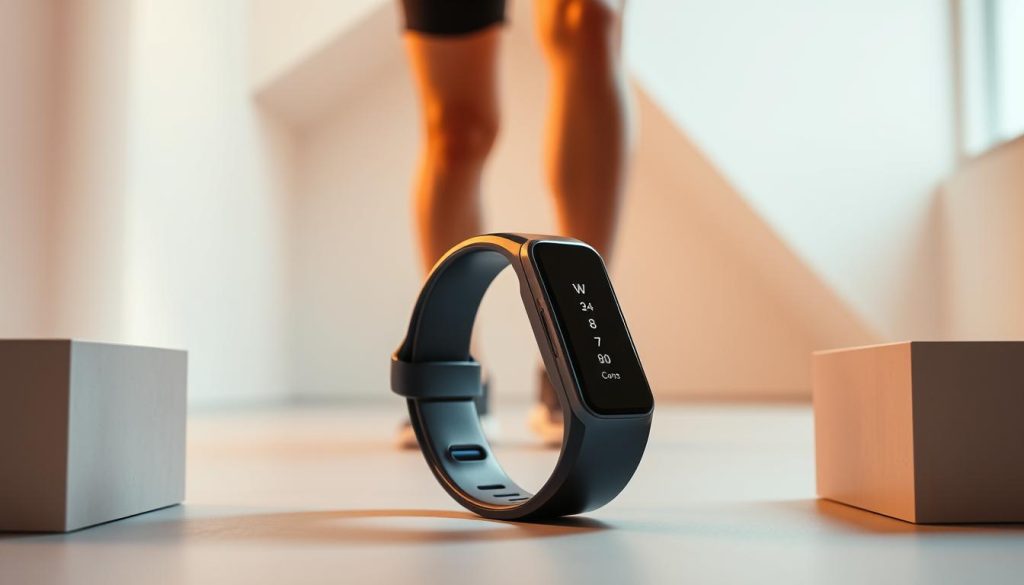 A well-lit, high-quality studio photograph showcasing the pros and cons of the WISKII ACTIVE fitness tracker. In the foreground, the WISKII ACTIVE device is prominently displayed, its sleek design and advanced sensors visible. The middle ground features a pair of athletic legs, suggesting the device's integration with physical activity. In the background, a clean, minimalist environment with soft, warm lighting emphasizes the product's technical and wellness-focused nature. The overall composition captures the WISKII ACTIVE's key features, highlighting both its advantages and potential limitations in a visually striking and balanced manner.