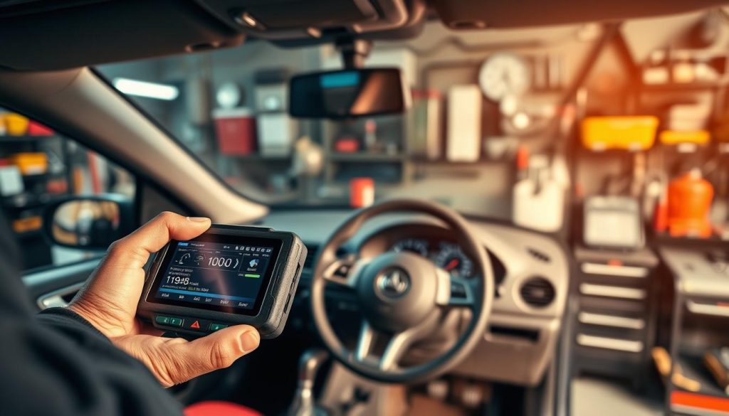 A well-lit, high-resolution image of a vehicle diagnostics process. In the foreground, a technician's hands are connected to an OBDeleven diagnostic tool, the screen displaying real-time vehicle data. In the middle ground, the car's interior is visible, with the dashboard and steering wheel in focus. The background showcases an organized auto repair shop, with various tools and equipment neatly arranged. The lighting is warm and natural, creating a sense of professionalism and expertise. The overall composition conveys a step-by-step, methodical approach to the vehicle diagnostics process.
