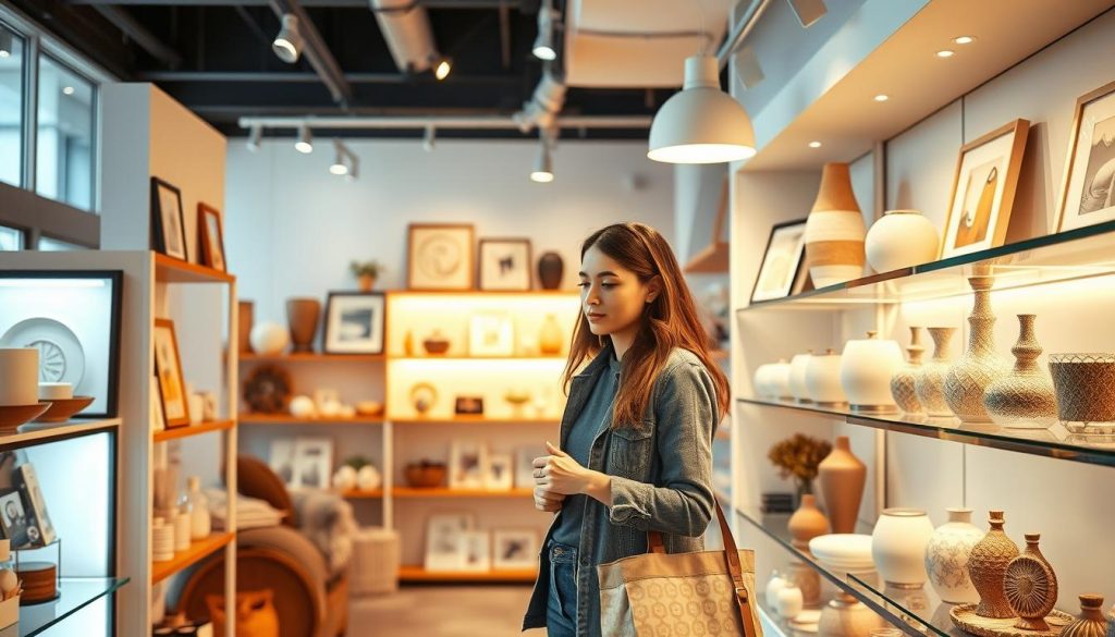 A well-lit interior scene with a shopper browsing a variety of unique home decor items displayed on shelves in a modern, minimalist lightbox store. Warm, soft lighting from overhead fixtures casts a cozy glow, highlighting the diverse product selection - decorative candles, framed artwork, vases, and other accent pieces. The shopper, dressed casually, examines the items with a thoughtful expression, considering how they might fit into their living space. The store's clean, spacious layout and neutral color palette create an inviting, relaxed atmosphere, encouraging exploration and discovery of affordable, distinctive home goods.