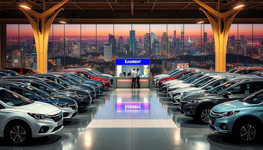 A well-lit, inviting Easirent car rental lot in the foreground, featuring a diverse array of modern, mid-size sedans and SUVs in a variety of colors. The cars are neatly arranged, with ample space between them, showcasing their sleek designs. In the middle ground, a welcoming Easirent customer service counter with friendly staff assisting customers. The background depicts a vibrant, bustling city skyline, hinting at the adventures that await travelers. The lighting is warm and natural, creating a sense of comfort and reliability. The overall scene conveys the ease and convenience of planning a trip with an Easirent rental vehicle.