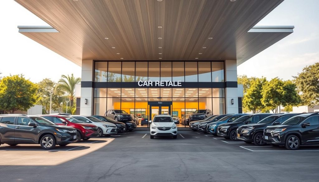 A well-lit, modern car rental location with a spacious, inviting entrance. The front facade features large glass windows and signage, creating a welcoming atmosphere. The building is surrounded by a neatly paved parking lot with rows of various rental vehicles, ranging from compact cars to SUVs. In the background, there are lush green trees and a clear, bright sky, conveying a sense of openness and tranquility. The overall scene evokes a professional, efficient, and customer-focused car rental experience.