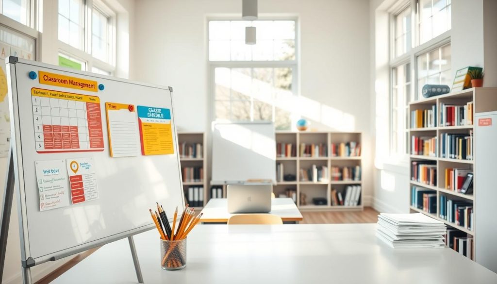 An airy, well-lit classroom with various educational tools and resources neatly arranged. In the foreground, a whiteboard stands prominently, its surface clean and ready for lessons. Atop the whiteboard, a set of colorful, magnetic-backed classroom management tools, including a behavior chart, a timer, and a class schedule. In the middle ground, a desk with a teacher's laptop, a stack of graded assignments, and a cup filled with sharpened pencils. Behind the desk, bookshelves line the walls, their spines showcasing a diverse collection of educational materials. Natural light filters in through large windows, casting a warm glow over the scene. The overall atmosphere is one of organization, creativity, and a welcoming learning environment.