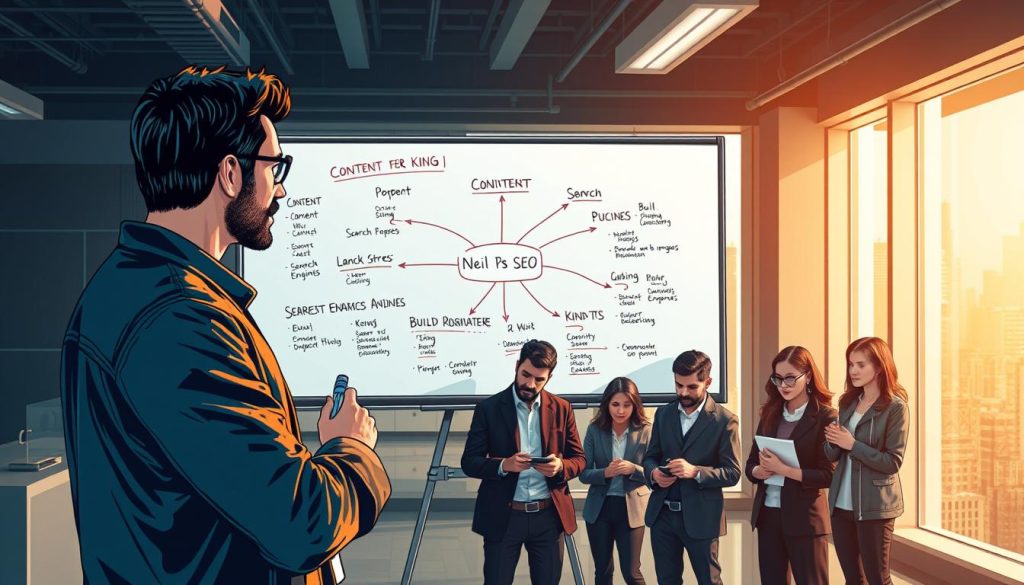 An illustration of Neil Patel's SEO Philosophy, captured in a cinematic, realistic style. In the foreground, a thoughtful Neil Patel stands before a whiteboard, marker in hand, as he explains his core SEO principles. The whiteboard displays a mind map with key concepts like "Content is King," "Optimize for Search Engines," and "Build Authoritative Backlinks." In the middle ground, a team of digital marketers listens intently, taking notes. The background is a sleek, modern office space, with large windows that let in warm, natural lighting. An atmosphere of focus and collaboration permeates the scene, reflecting the strategic, data-driven approach that defines Neil Patel's renowned SEO philosophy.