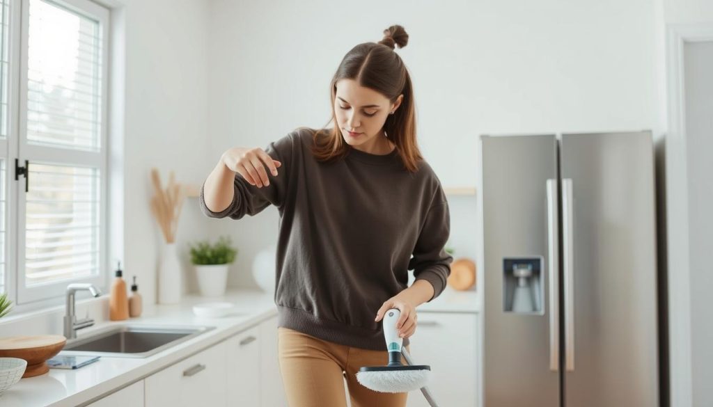 An image of a person using a HOTO tool, such as the Air Pump Pocket or Electric Spin Scrubber, in a clean and modern home environment.