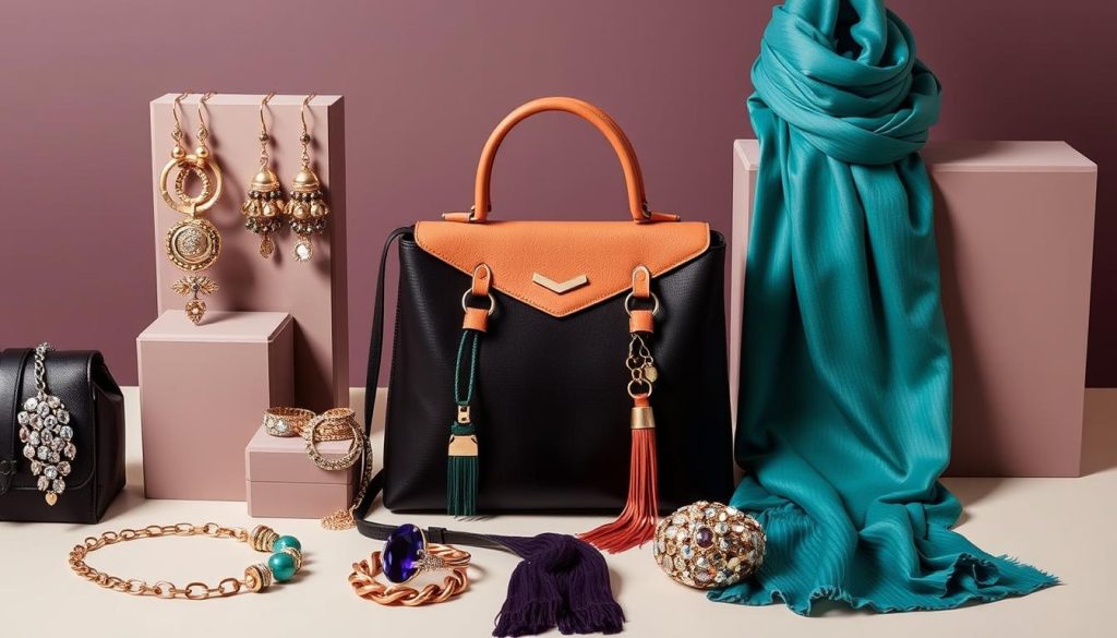 Generate an image of Allegra K's latest accessory collection, including jewelry, bags, and scarves.