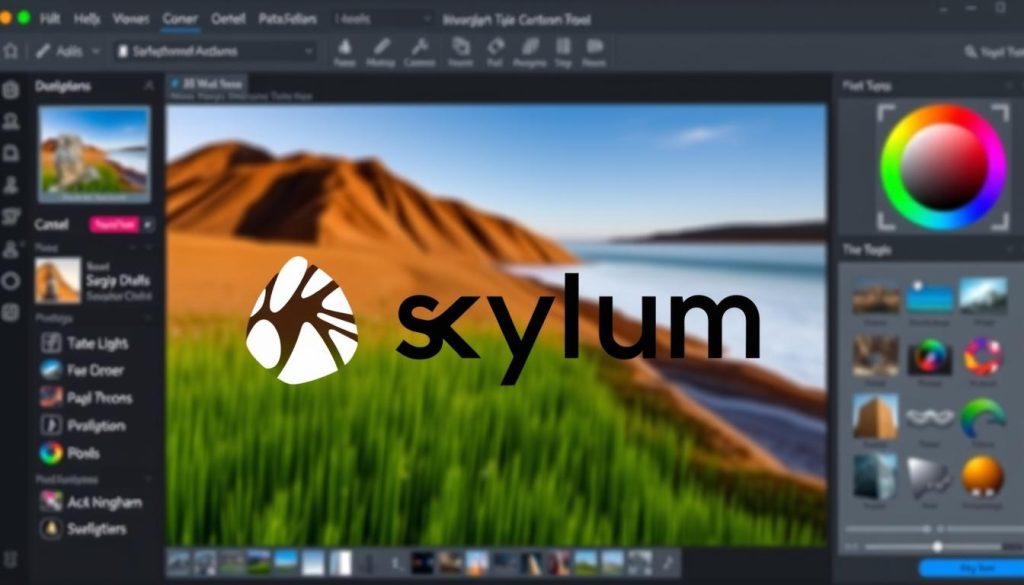 Generate an image of Skylum's logo with a background of photo editing software interface