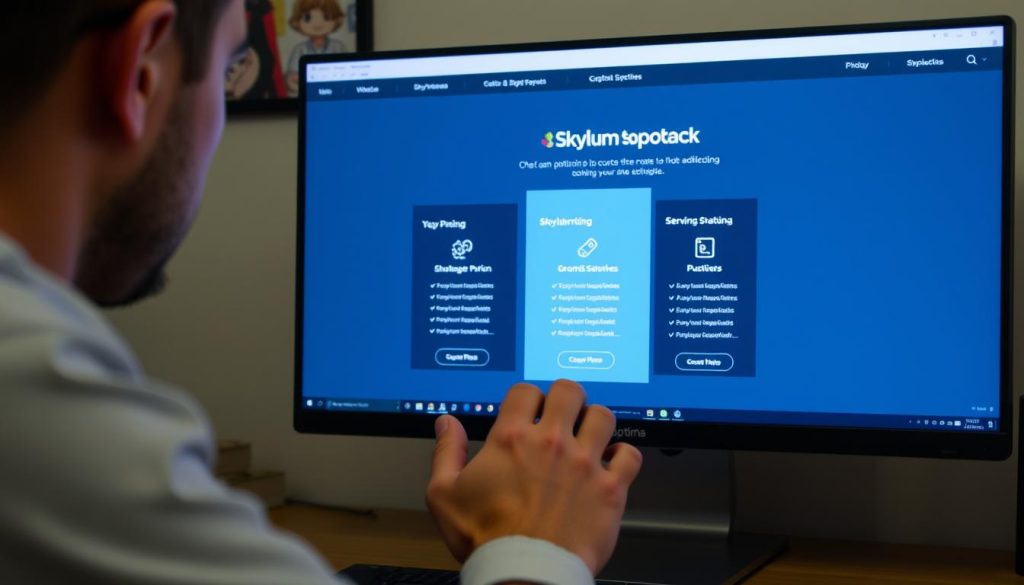 Generate an image of a person looking at a computer screen displaying Skylum's pricing plans.