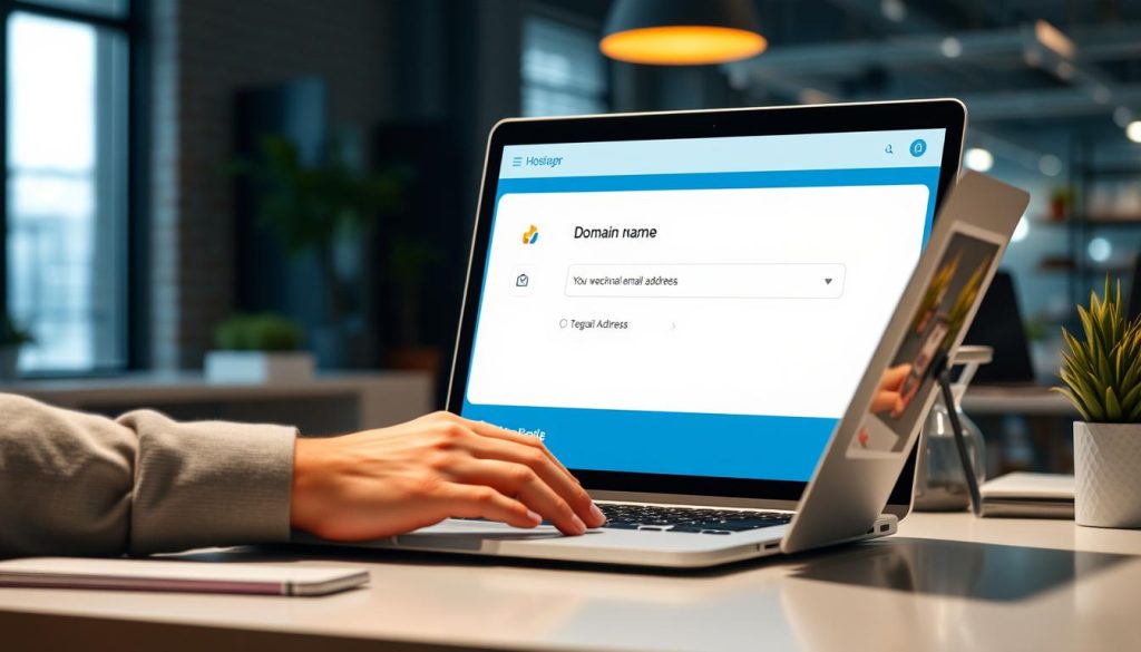 Generate an image of a person registering a domain name and setting up a professional email address using Hostinger's services.