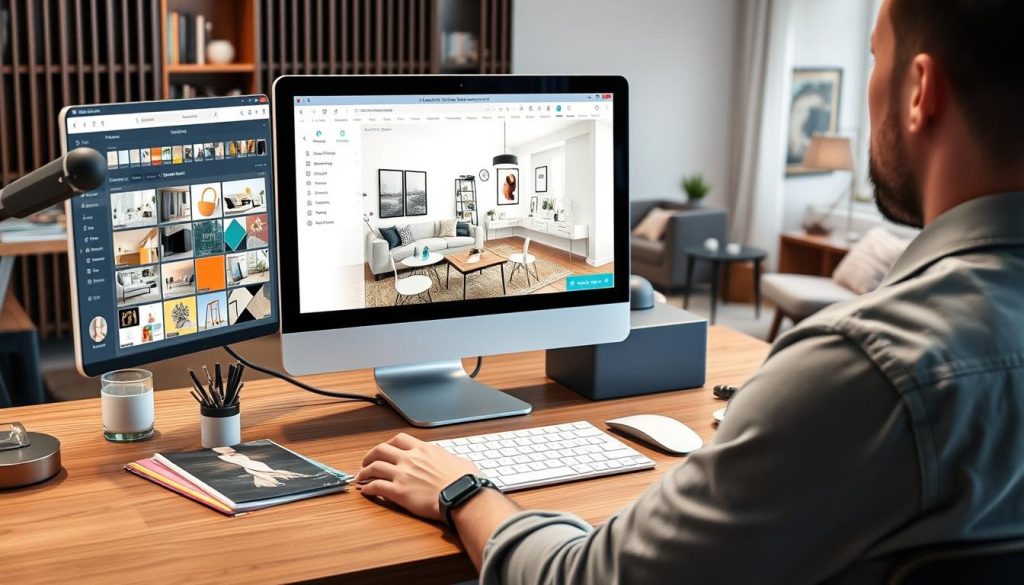 Generate an image of a person using Homestyler on a computer to design a living room.