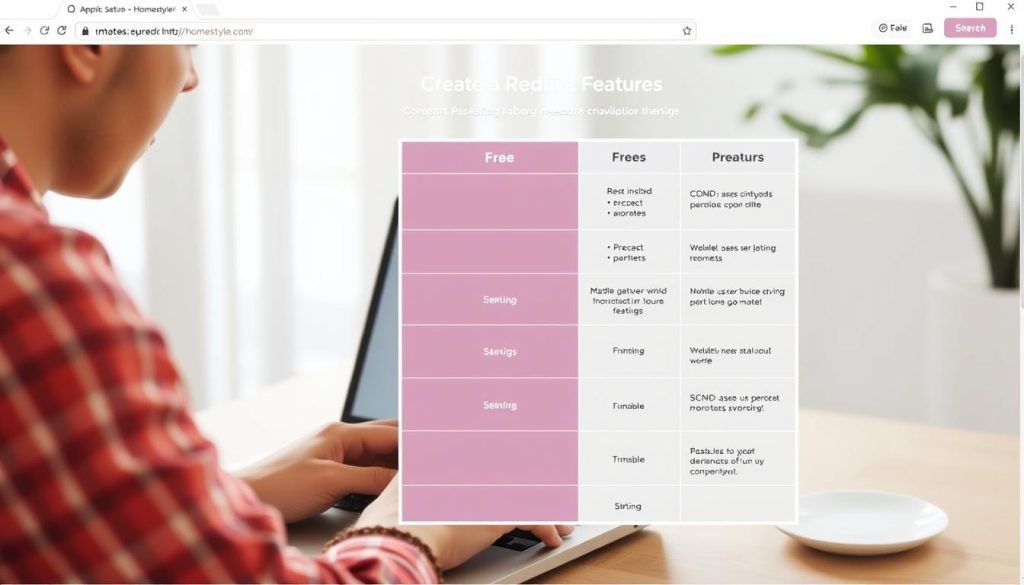 Generate an image of a person using Homestyler on a laptop with a comparison chart of free vs. premium features in the background.