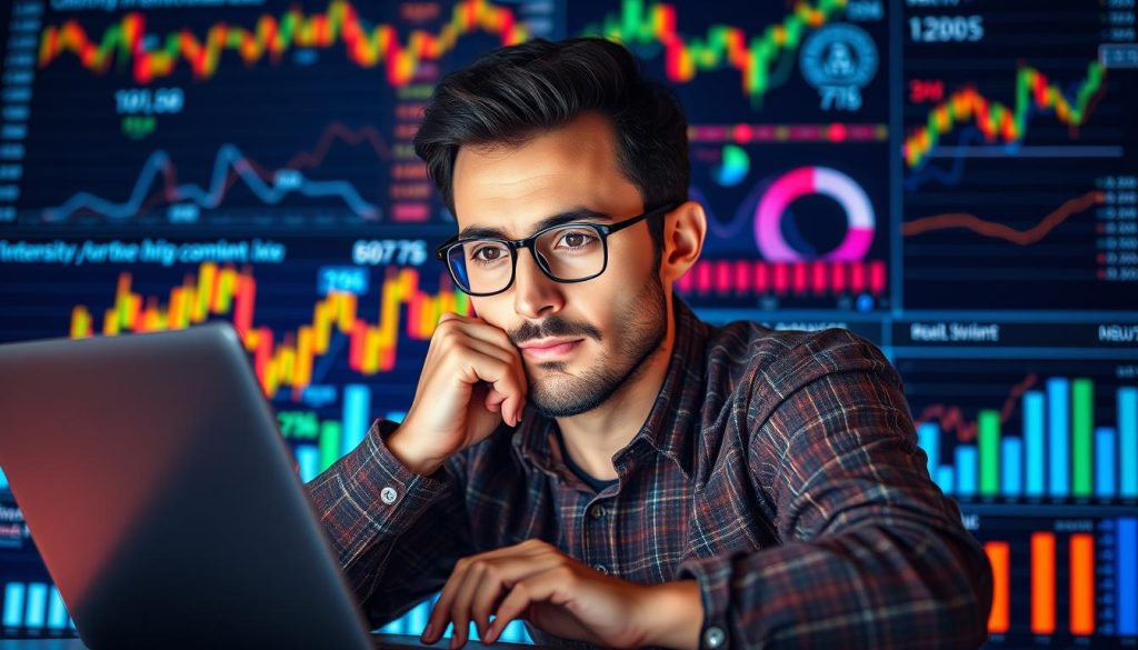 Generate an image of a person using Intellectia AI on a laptop with a thoughtful expression, surrounded by financial charts and graphs.