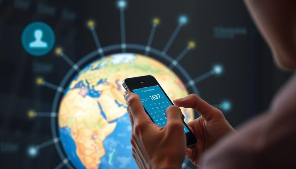 Generate an image of a person using a smartphone with a globe in the background