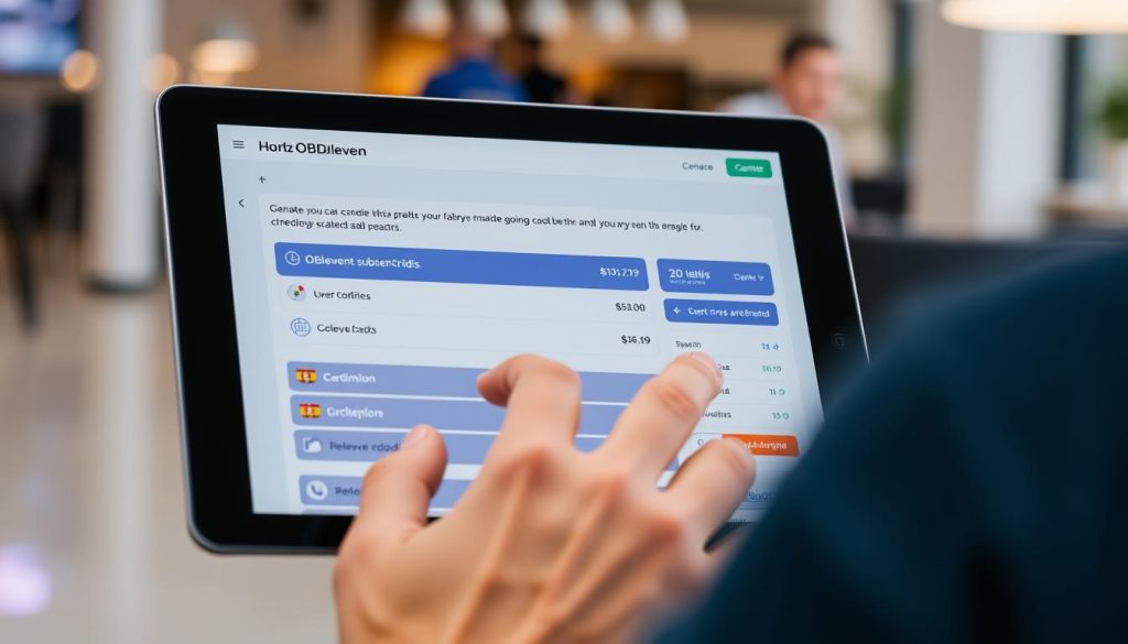 Generate an image of a person using a tablet to manage their OBDeleven subscription and credits.