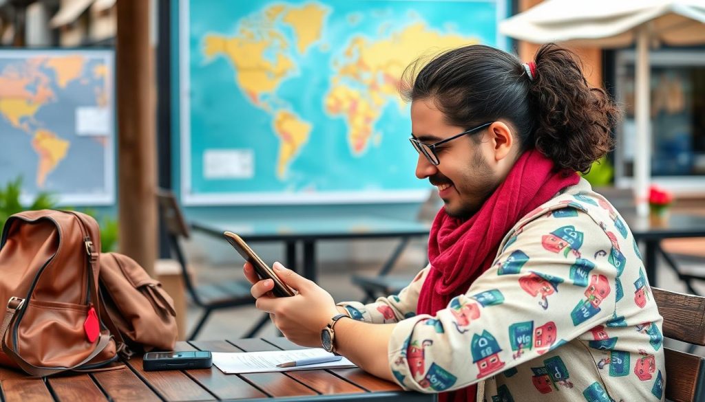 Generate an image of a traveler comparing different eSIM plans on their smartphone.