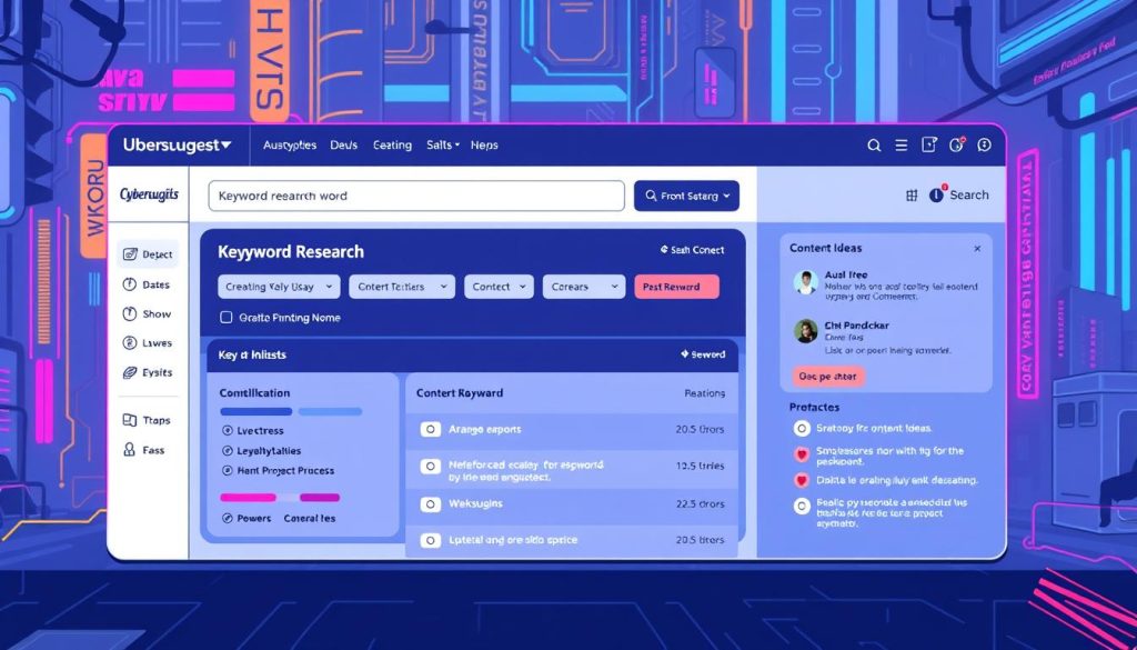 Generate an image of the Ubersuggest dashboard, highlighting its keyword research and content ideas features.