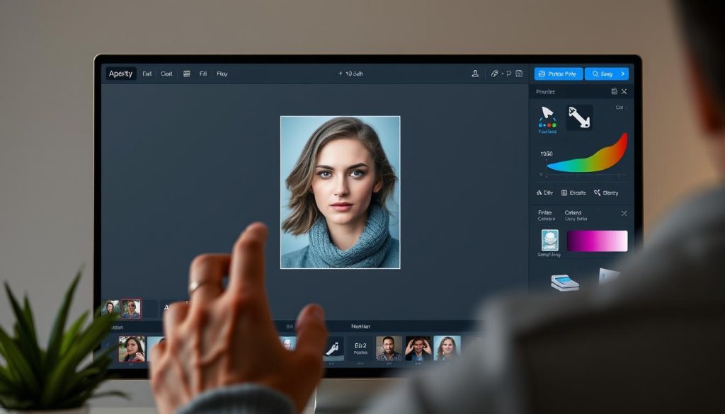 Generate an image showing the Aperty photo editing software interface with a portrait photo being edited.