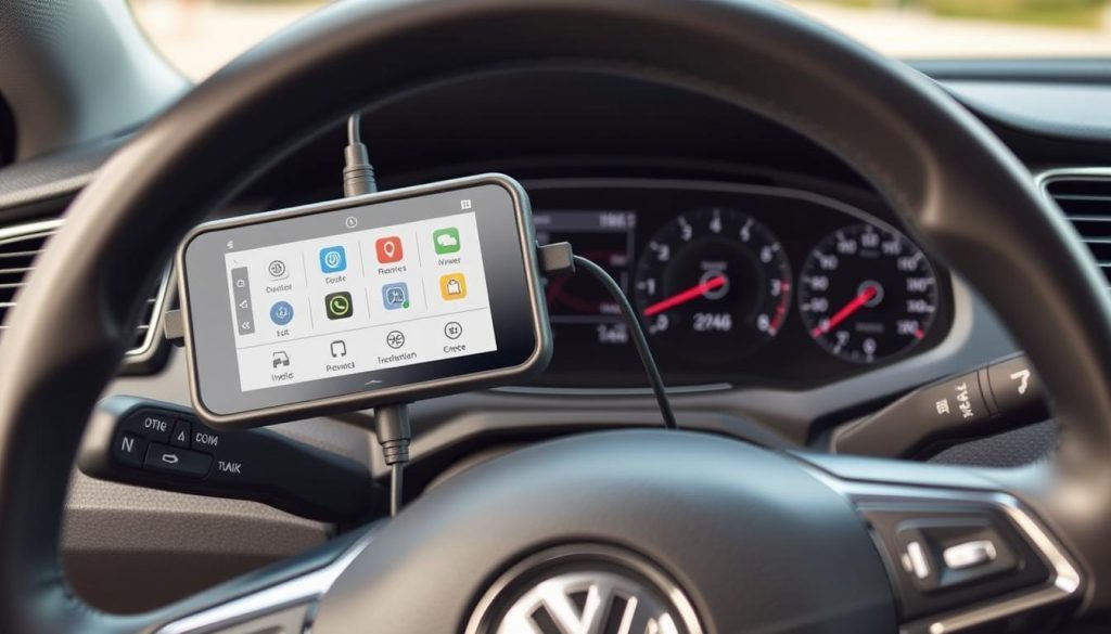 Image of OBDeleven device connected to a Volkswagen vehicle