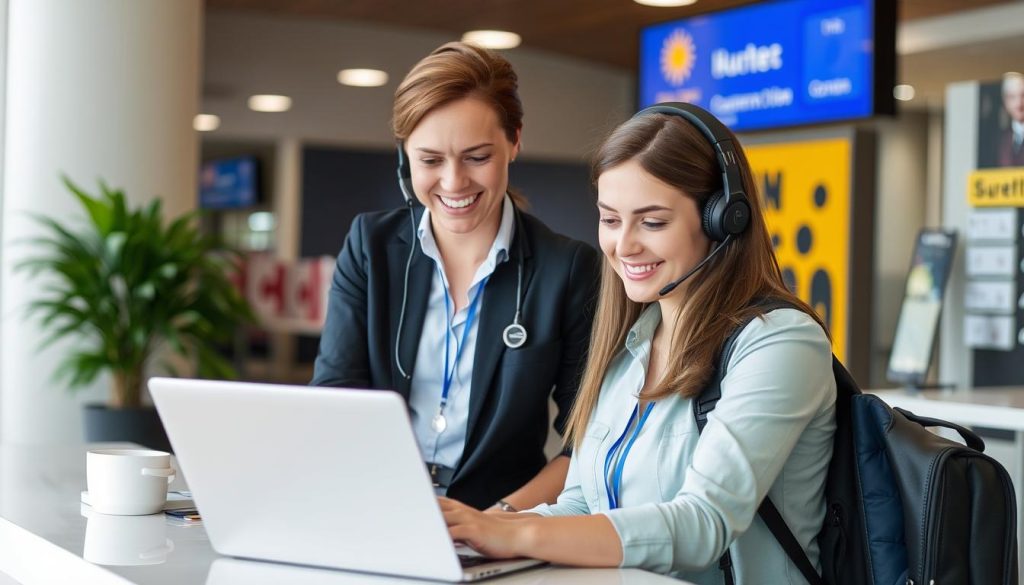 Image of a customer support representative assisting a traveler on a laptop