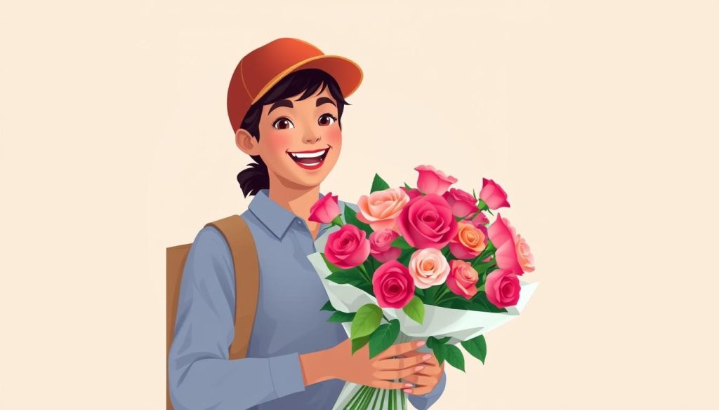 Image of a delivery person holding a bouquet of fresh roses