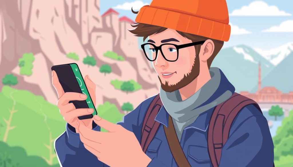 Image of a person checking their data usage on a smartphone while traveling abroad