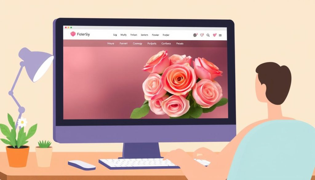 Image of a person ordering flowers online with a bouquet of roses on the screen.