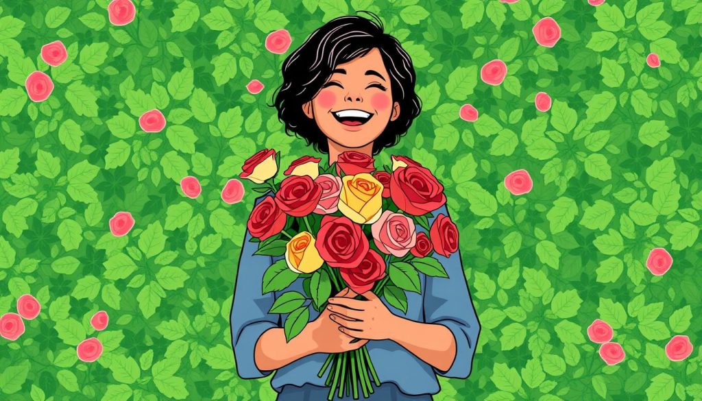 Image of a person receiving a bouquet of fresh roses with a green background highlighting eco-friendliness