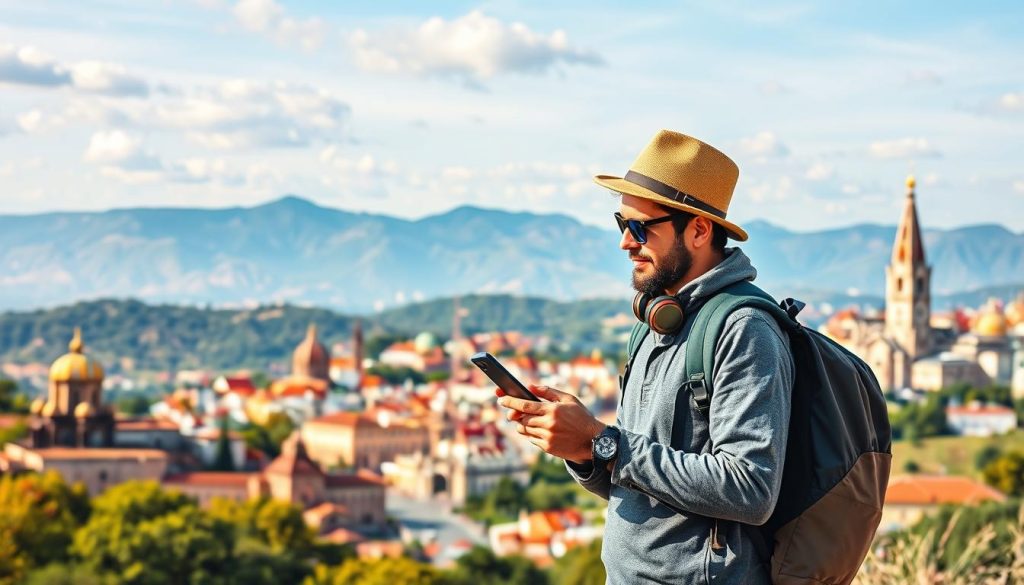 Image of a person traveling globally with a connected device