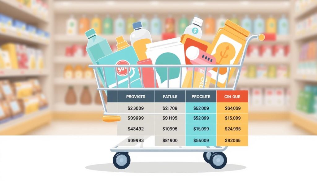 Image of a price comparison chart or a shopping cart with various products
