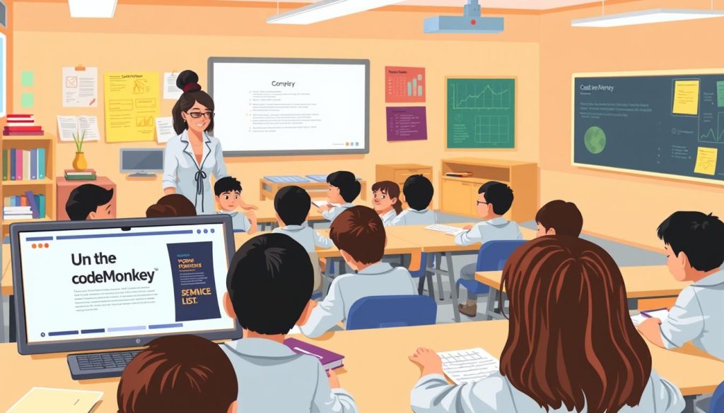 Image of a teacher setting up CodeMonkey in a classroom