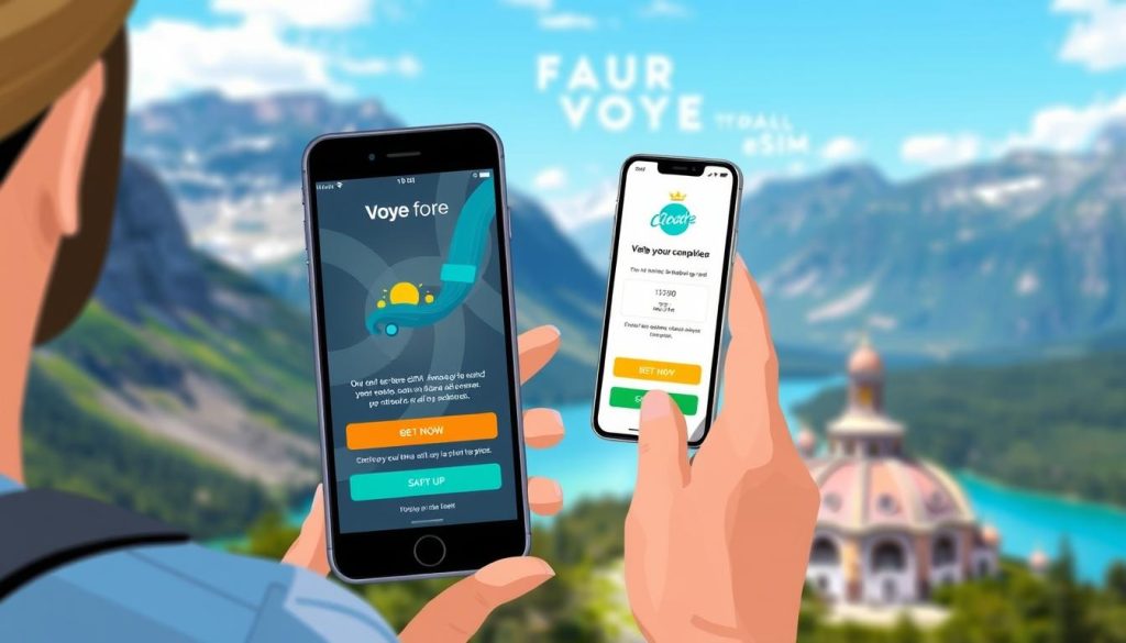 Image of a traveler using a smartphone with a Voye Global eSIM plan