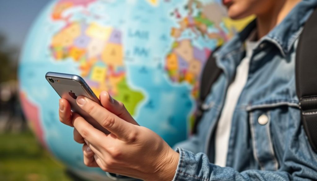 Image of a traveler using a smartphone with a globe in the background