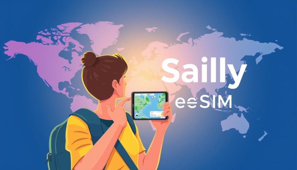 Image of a traveler using a smartphone with a map of the world in the background, highlighting Saily eSIM's global coverage.
