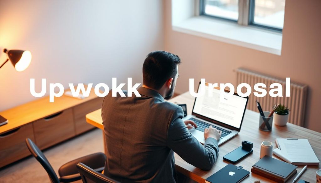 A modern office with a laptop, smartphone, and various office supplies on a wooden desk. A well-dressed professional is sitting at the desk, intently focused on crafting a proposal on the laptop screen. Warm, natural lighting from a nearby window casts a cozy glow, creating an atmosphere of productivity and diligence. The background features a minimalist, uncluttered space with clean lines and neutral tones, allowing the central figure and the task at hand to take center stage. The overall scene conveys a sense of intentionality, attention to detail, and a dedication to creating a winning proposal for the Upwork platform.