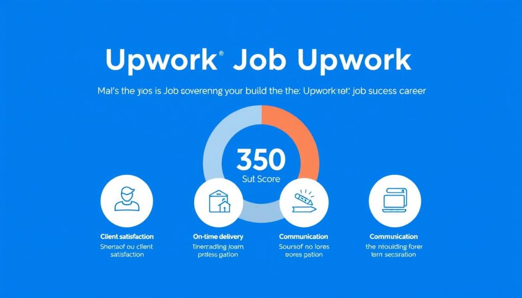 A professional, modern-looking infographic showcasing the Upwork Job Success Score. The score is prominently displayed in the center, with a clean and minimalistic design. The background features a subtle gradient in shades of blue, conveying a sense of trust and reliability. The foreground includes simple icons and data visualizations that illustrate the key components of the Job Success Score, such as client satisfaction, on-time delivery, and communication. The image has a balanced, symmetrical layout, with a warm, neutral lighting that creates a professional and polished appearance. The overall tone is one of confidence and expertise, reflecting the importance of the Upwork Job Success Score in building a successful freelance career.