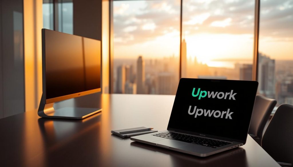 A sleek, modern office interior with a large desk and computer monitor in the foreground. In the middle ground, a laptop and notebook are placed, with a stylized Upwork logo visible on the laptop screen. The background features a panoramic window overlooking a bustling city skyline, bathed in warm, golden hour lighting. The overall scene conveys a sense of professional efficiency and the dynamic nature of the Upwork marketplace.