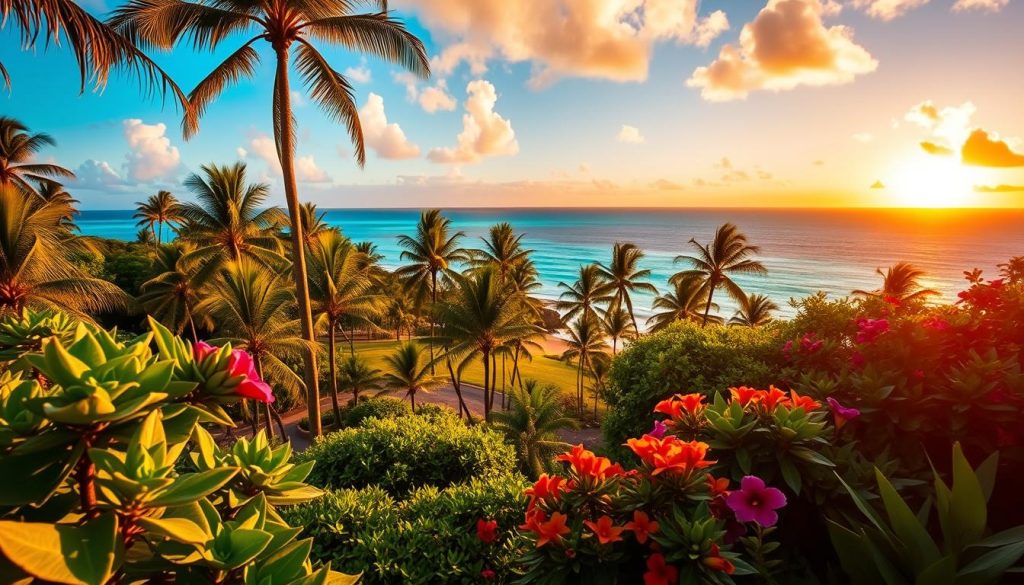 A breathtaking tropical landscape with a focus on the benefits of Alohahoo. In the foreground, lush, vibrant greenery and colorful flowers sway in a gentle breeze. Towering palm trees dot the middle ground, casting warm, dappled shadows. In the background, a stunning azure ocean stretches to the horizon, with a picturesque Hawaiian sunset painting the sky in hues of orange and pink. The entire scene is bathed in soft, golden light, creating a serene and rejuvenating atmosphere. The viewer is left with a sense of tranquility and the allure of the Hawaiian islands.