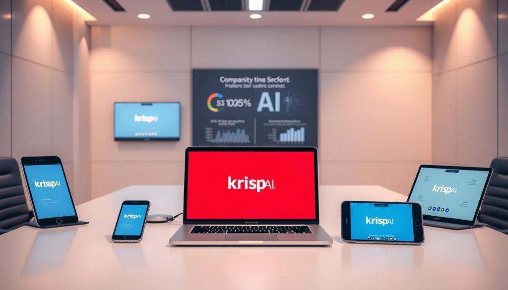 A clean, sleek office setting with a large table at the center, showcasing various digital devices and AI-powered software interfaces. In the foreground, a laptop display prominently features the Krisp AI logo, while other devices like smartphones and tablets surround it, each displaying competing AI applications. The scene is bathed in warm, indirect lighting, creating a professional and informative atmosphere. The middle ground features subtle infographic elements, such as comparative charts and graphs, providing visual cues for the viewer to understand the capabilities and features of the different AI solutions. The background maintains a minimalist, yet sophisticated design, with clean lines and muted colors to keep the focus on the central comparison. Overall, the image conveys a sense of analytical rigor and technological prowess, suitable for an in-depth exploration of Krisp AI's positioning within the virtual meeting and call enhancement landscape.