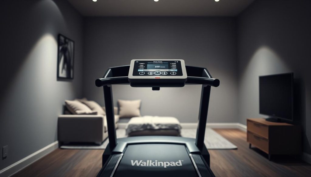 A dimly lit home gym showcases a sleek WalkingPad treadmill. The machine's control panel displays various speed restrictions, indicating the need for caution and safety. The background features a minimalist interior design with muted colors, emphasizing the device's seamless integration into a modern living space. Soft, directional lighting illuminates the scene, casting subtle shadows and creating a contemplative atmosphere. The overall composition suggests the potential drawbacks and limitations of the WalkingPad, requiring users to exercise care and attention when incorporating it into their fitness routines.