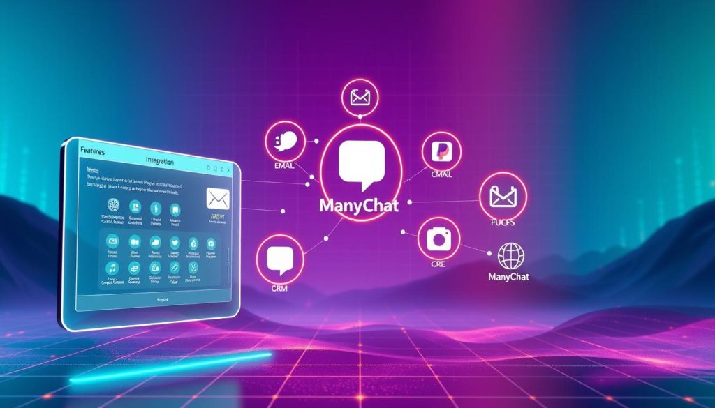 A dynamic and visually engaging image of "ManyChat Integration" showcasing its seamless integration with various marketing platforms. Set in a vibrant, futuristic digital landscape, the foreground features a sleek, holographic user interface displaying ManyChat's key features and connectivity options. The middle ground showcases a network of interconnected digital icons representing integrations with social media, email, CRM, and e-commerce platforms, all converging towards the central ManyChat hub. The background depicts a subtle, pulsing grid pattern, conveying a sense of technological advancement and data-driven workflows. The overall mood is one of efficiency, innovation, and the power of unified marketing automation. Lighting is soft and diffused, with a hint of neon accents highlighting the key elements. The camera angle is slightly elevated, providing a dynamic, bird's-eye view of the scene.