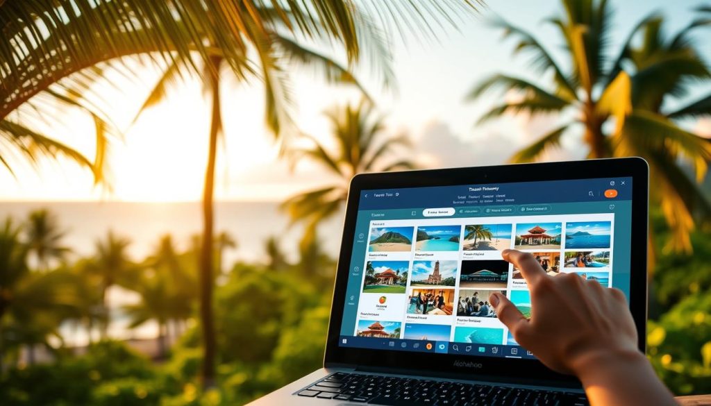 A lush Hawaiian landscape, with a laptop screen in the foreground displaying an interactive travel itinerary. The screen showcases vibrant photos of iconic Hawaiian landmarks, beaches, and activities, allowing the user to seamlessly customize their dream vacation. In the middle ground, a hand navigates the touchscreen, selecting various destinations and experiences. The background features a picturesque view of palm trees swaying in the gentle ocean breeze, with the warm glow of the setting sun painting the sky in a soft, golden hue. The scene conveys the ease and excitement of planning a personalized Hawaiian adventure using the Alohahoo platform.