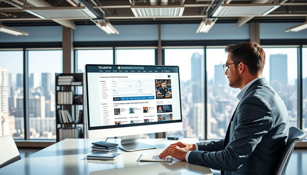 A modern and clean office space, with a large desk at the center. On the desk, a computer monitor displays the Ticket Liquidator website, showcasing its ticket search and purchasing interface. In the foreground, a well-dressed professional is intently focused on the screen, navigating the website and selecting discounted event tickets. The lighting is bright and natural, creating a productive and efficient atmosphere. The middle ground features a bookshelf with various industry-related materials, while the background depicts expansive windows overlooking a bustling cityscape, conveying a sense of a thriving, dynamic business environment.
