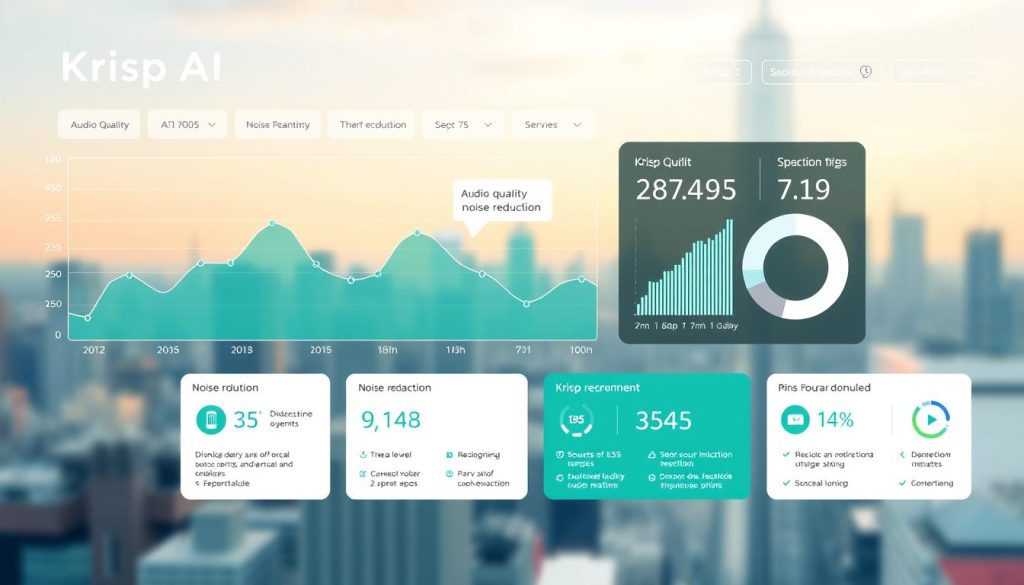 A modern and sleek data visualization dashboard showcasing Krisp AI's performance metrics. The foreground features a large line graph depicting audio quality and noise reduction levels over time, with interactive data points and tooltips. The middle ground has a series of infographic cards detailing Krisp's key features and statistics, all rendered in Krisp's signature teal and white color scheme. The background hosts a subtle city skyline, conveying Krisp's global reach and impact. The overall mood is professional, informative, and forward-thinking, befitting Krisp's position as a leading AI-powered audio enhancement solution.
