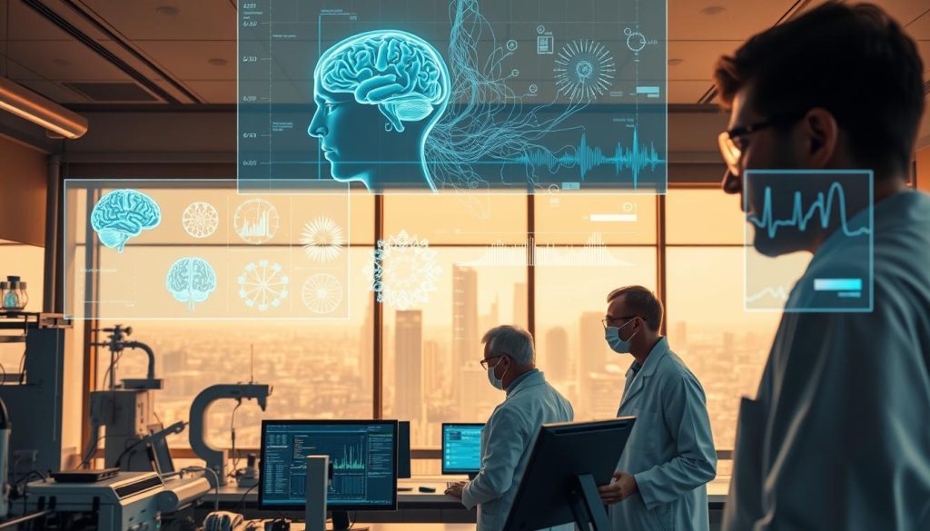 A modern laboratory setting with state-of-the-art equipment and scientific instruments. In the foreground, a team of researchers in white lab coats and safety goggles intently examining data on a series of high-resolution displays. Floating above the workstations, holographic projections depict brain scans, neural pathways, and biometric visualizations. The background features a large panoramic window overlooking a futuristic cityscape, bathed in a warm, diffused lighting that creates a sense of scientific progress and innovation. The overall atmosphere conveys the rigorous, data-driven approach to the scientific research behind the ApolloNeuro technology.