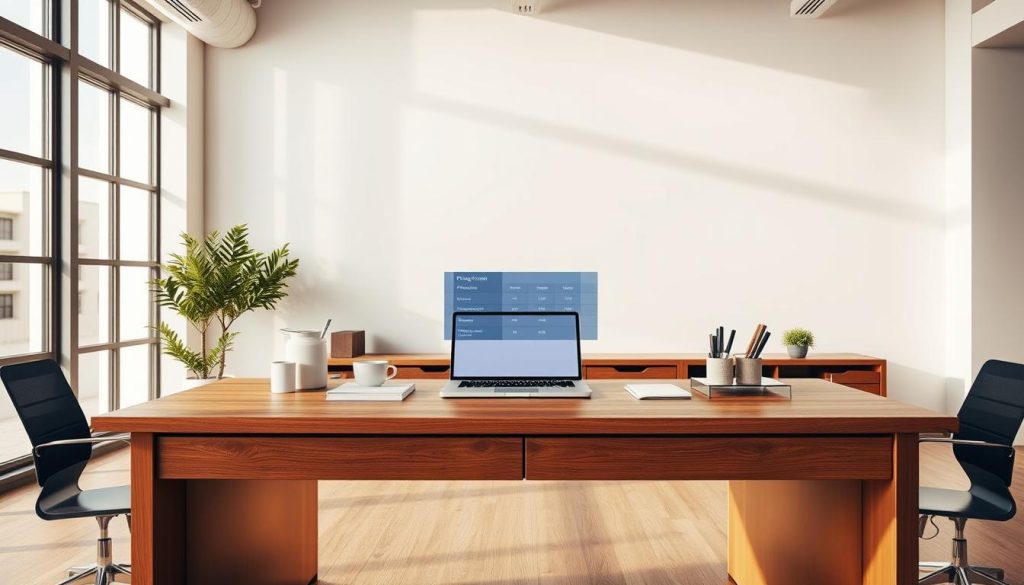 A modern office interior with a sleek, minimalist design. In the foreground, a large wooden desk takes center stage, its surface adorned with a variety of office supplies and a laptop. Crisp, natural lighting streams in from floor-to-ceiling windows, casting a warm glow across the space. Behind the desk, a clean, white wall serves as a backdrop, allowing the focus to remain on the pricing structure details displayed on the laptop screen. The overall atmosphere conveys a sense of professionalism and attention to detail, reflecting the thoughtful approach of Ticket Liquidator's pricing model.